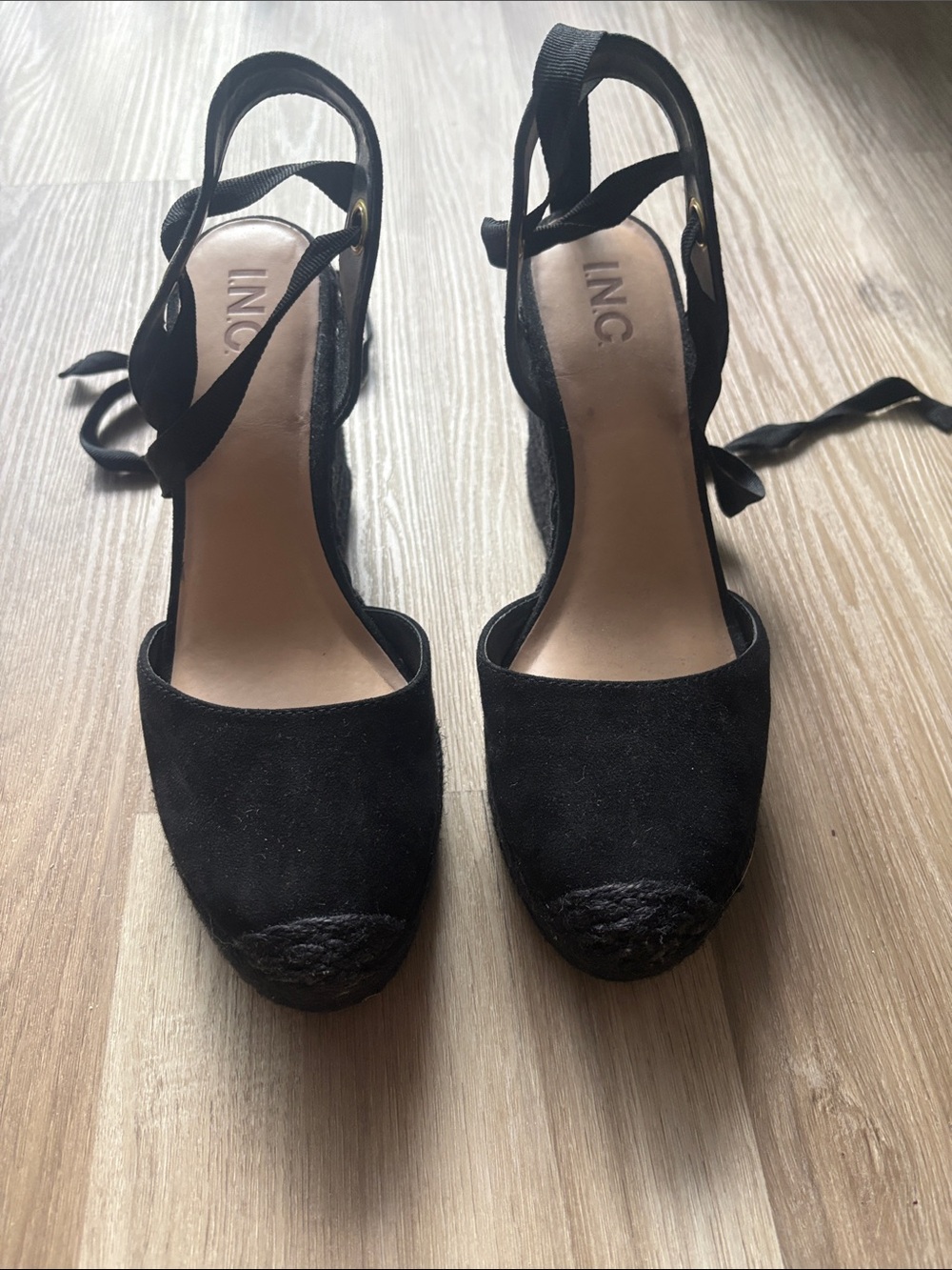 INC International Concepts Black Suede Ankle-Tie Espadrille Wedges
